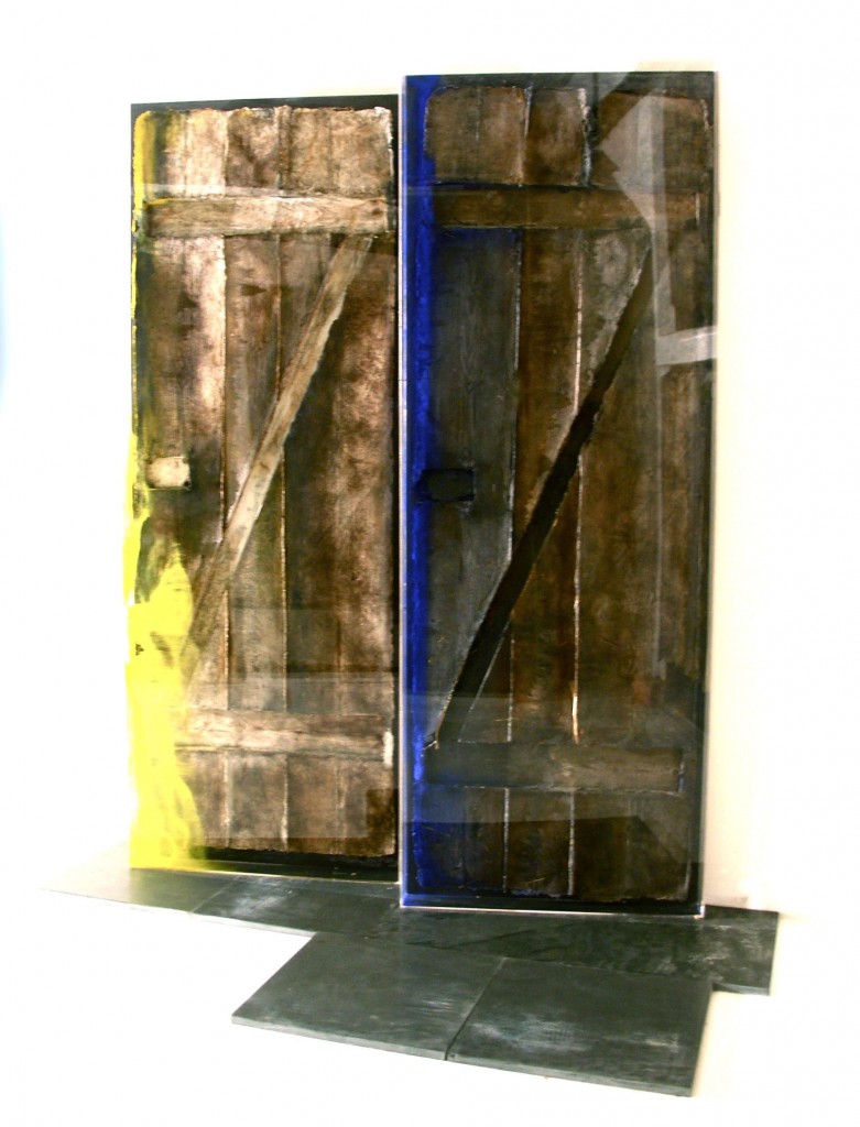 At Home project - Touching the landscape „The door,  for yellow sunlight and the blue night “ Installation: Paper art object , flagstones, Protective Plexiglas hood.