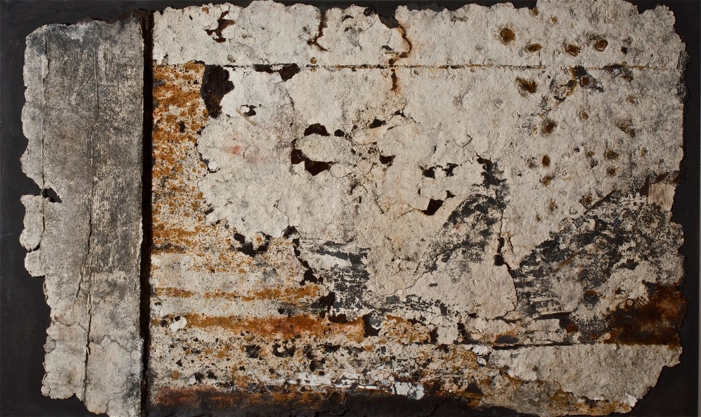 Technique: Painting, mineral pigments, resin, hand-made paper (cotton fibres), on wooden panel. Size: 2.50 m wide, 1.70 m high. Protective Plexiglas hood.  Maria Dundakova    Landscape Memory „MYTHOS 2 “